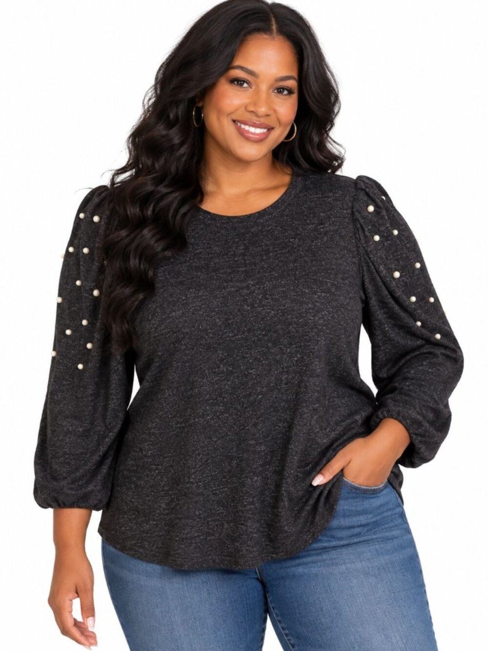 Cato Plus Size Black Pearl Sleeve Top 22/24 Puff Sleeve Blouse